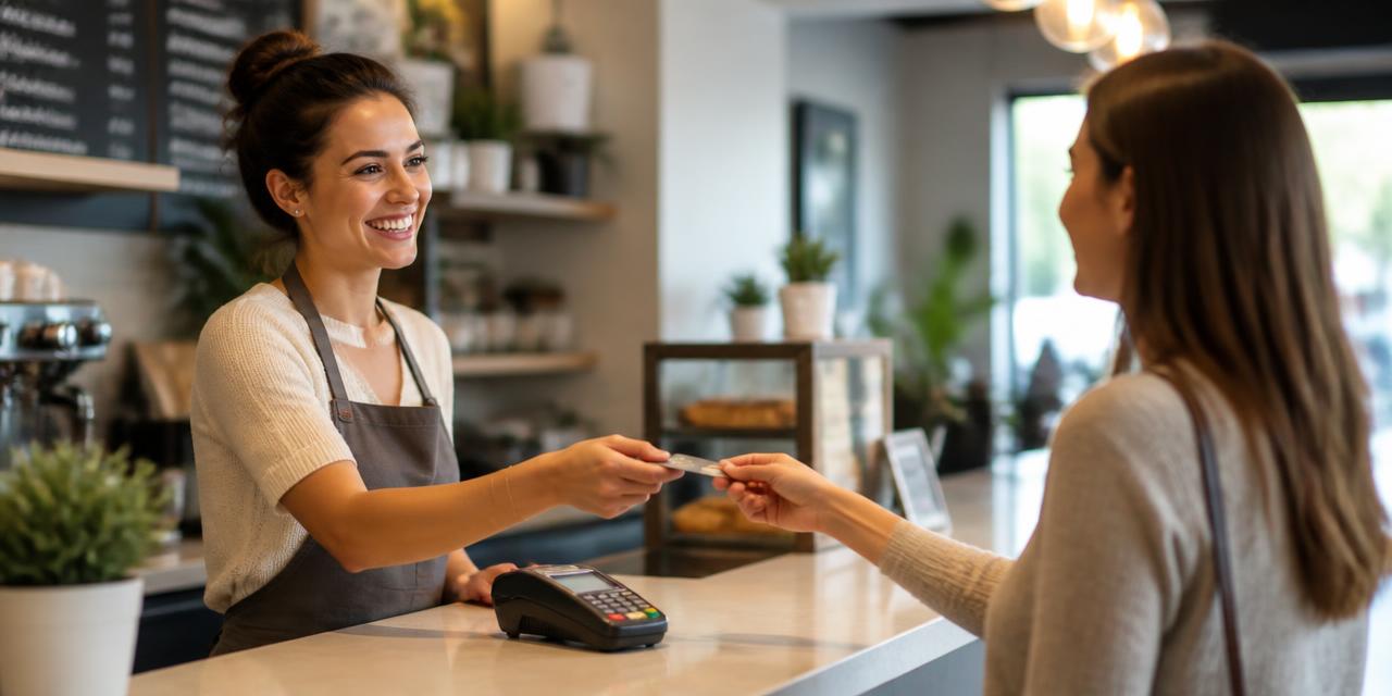 Merchant handing a card back to a happy customer at the counter