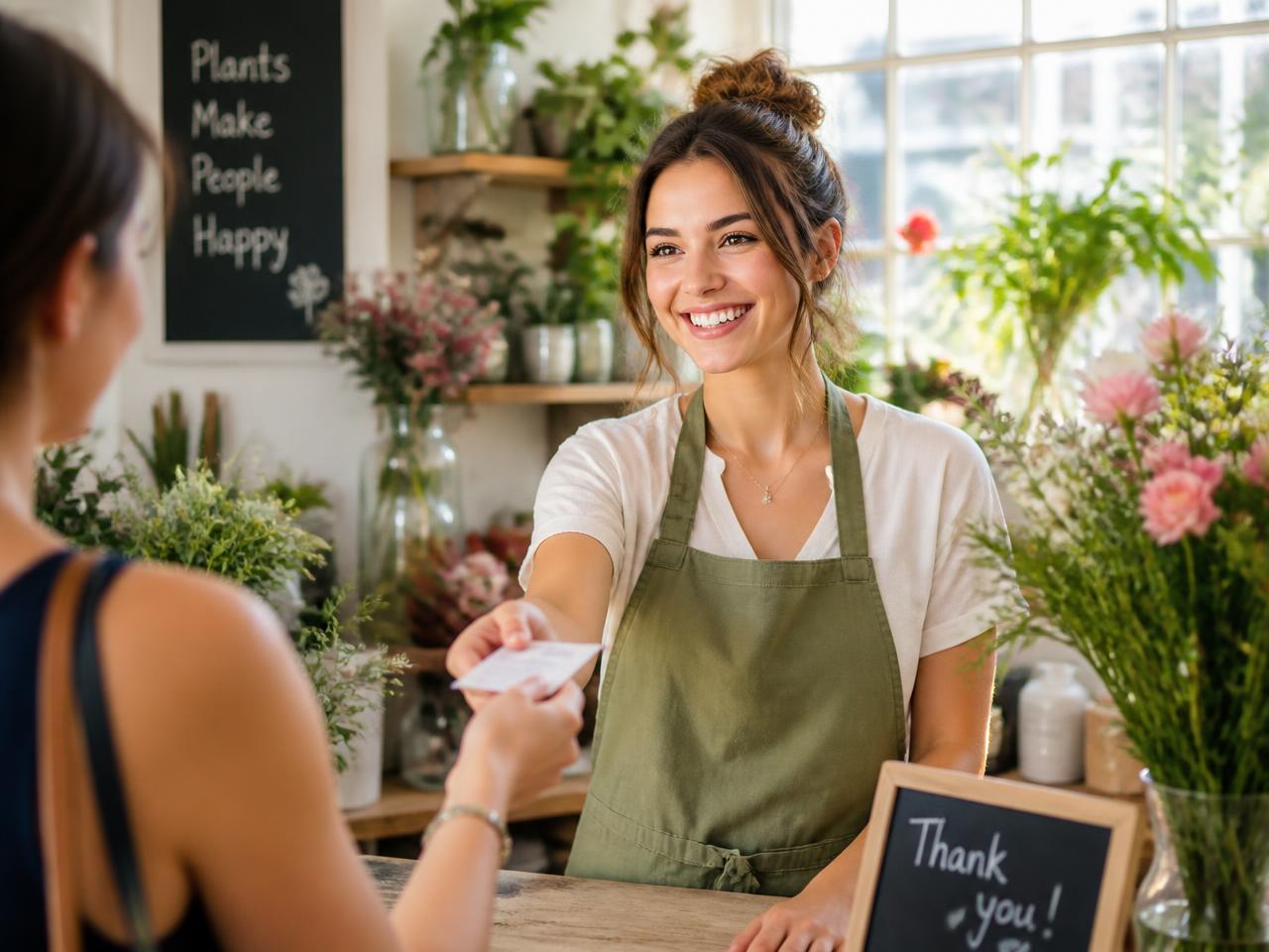 Florist handing a card back to a happy customer